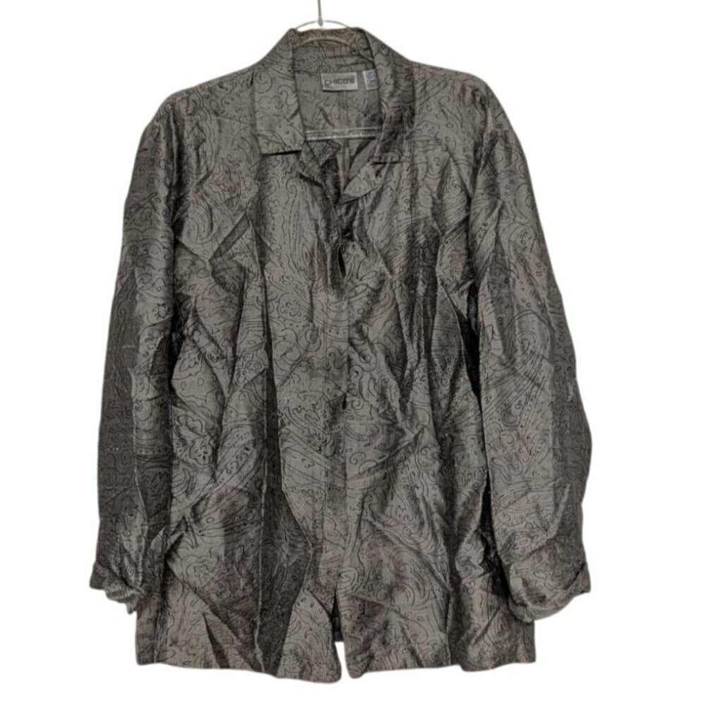 Chicos 2 Paisley Silk Shirt Womens Size Large Gray Hidden Button Front Collared